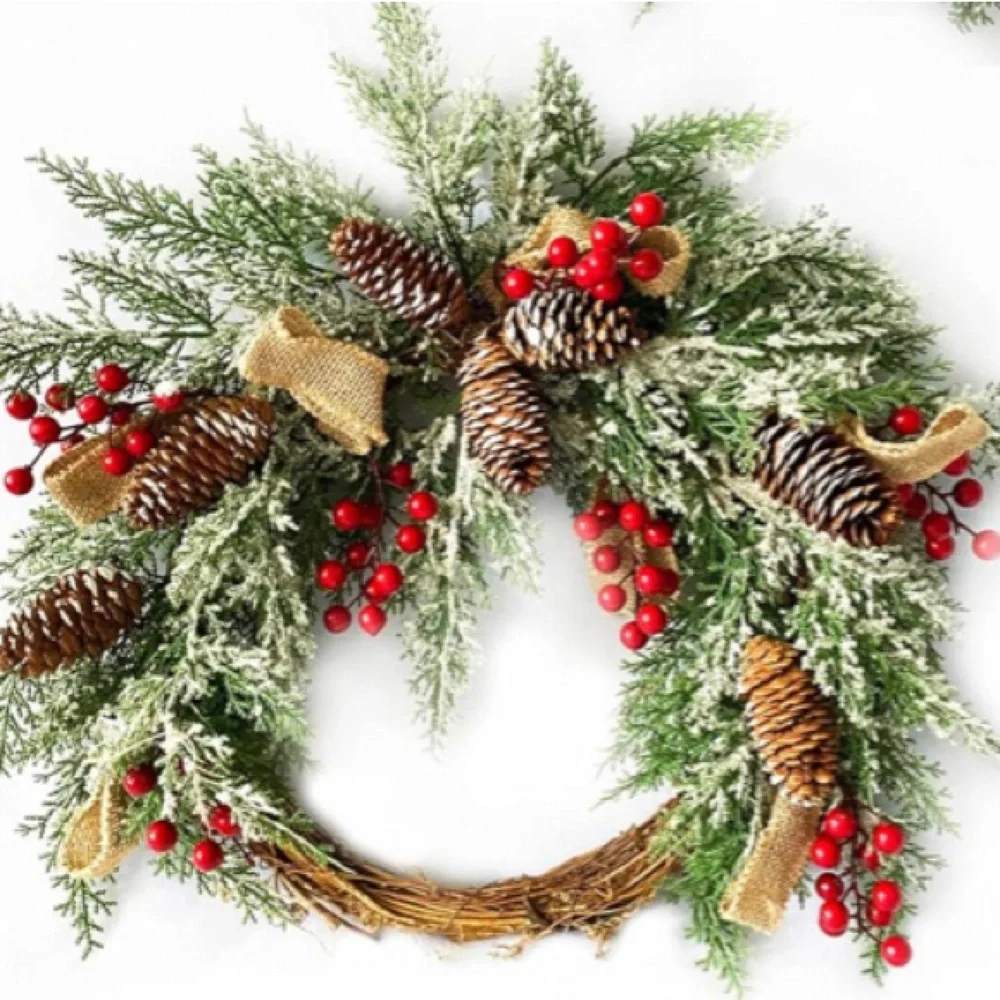 Festive Holiday Wreath with Red Berries, Pinecones and Artificial Snow